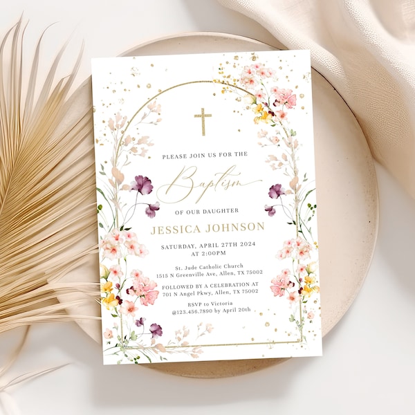 Wildflower Baptism Invitation Girl, Baptism Invite Template, Girl Baptism Invitation Download, Pink Baptism Invite Instant Download B007