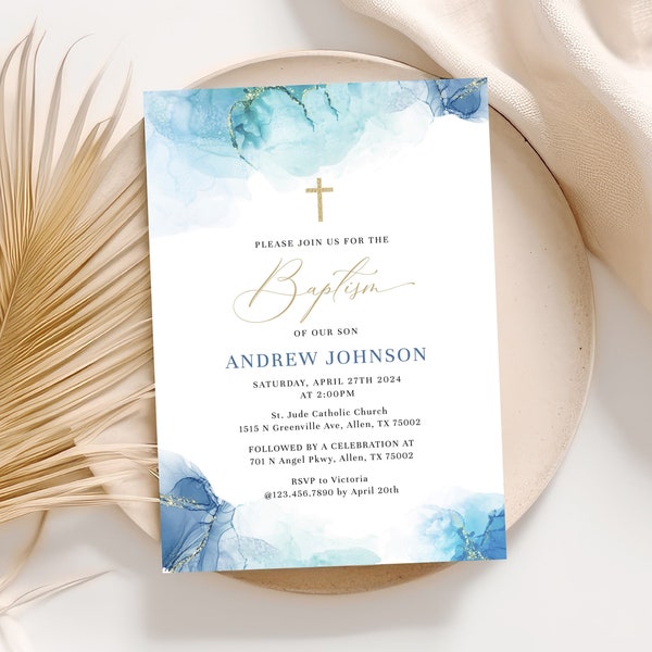 Baptism Invitation Template, Christening Invitation, Boy Baptism Invitation Download, Blue Baptism Invite Instant Download B002