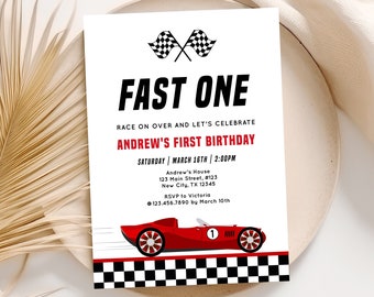 Race Car 1st Birthday Invitation: Retro Fast One Design (Digital Download)