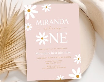 Daisy First Birthday Invitation: Retro Boho Girl (Digital Download)