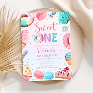 Sweet One Birthday Invitation, Candy Land Birthday Invitation, Donut invite Template, First Birthday Girl Invitation Digital Download D063