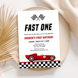 Fast One Birthday Invitation, Race car Birthday Invitation, 1st Birthday Boy Invitation, Retro Racing Car Invite, Instant Download D072