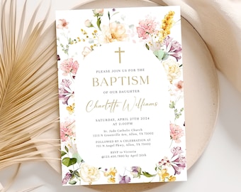 May include: A floral baptism invitation with a gold cross and the text "Please join us for the Baptism of our daughter Charlotte Williams" with details for the ceremony and reception.