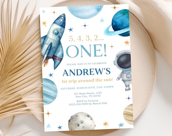 First Trip Around the Sun Birthday Invitation,  1st Birthday Boy Invitation, Space Invitation, Astronaut Invite, Instant Download D068