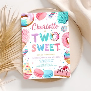 Two Sweet Birthday Invitation, 2nd Birthday Girl Invitation, Candy Birthday Invitation, Donut invite Template, Cupcake Invitation D062