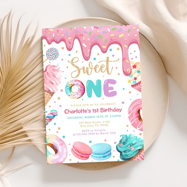 Sweet One Birthday Invitation,  First Birthday Girl Invitation, Candy Land Birthday Invitation, Donut invite Template, Digital Download D064