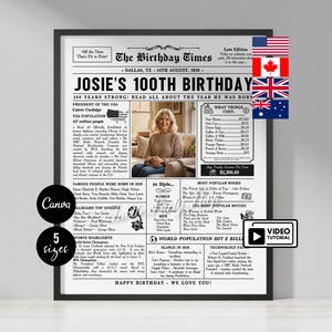 May include: A framed print celebrating Josie's 100th birthday, dated August 24, 1926. The design resembles a newspaper front page, featuring headlines, photos, and historical facts. Includes text that says "Happy Birthday - We Love You!"