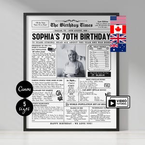 May include: A framed black and white print titled "The Birthday Times" celebrating Sophia's 70th birthday. The print includes details about the year she was born, famous people, and popular culture.