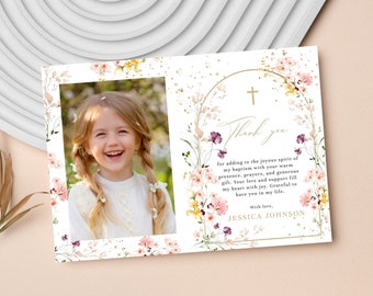 Baptism Thank You Card Template, Wildflower Thank you Card with Photo, Christening Thank you Note Printable Digital Download B007