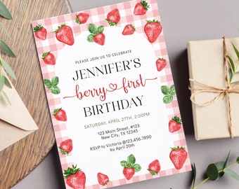 Strawberry Birthday invitation, Berry First Birthday Invitation, 1st Birthday Girl Invitation Printable, First Birthday Invite Template