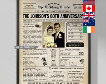 60th Anniversary Newspaper Poster, 1965 Facts, Personalized Gift (Digital Download)