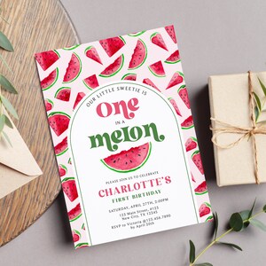 Watermelon Invitation, One in a Melon Birthday Invitation, First Birthday Invitation, 1st Birthday Invite Template, Digital Download D020