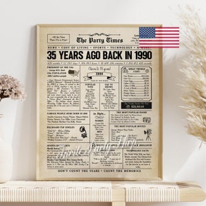 1990 35th birthday newspaper with USA fun facts, 1990 birthday board poster sign, birthday decoration, 35 years ago back in 1990 printable
