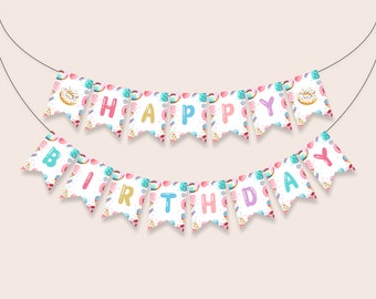 Sweet Happy Birthday Banner, Donut Birthday Garland, 1st Birthday Party Decorations, Sweet One Birthday Bunting Banner Template D062