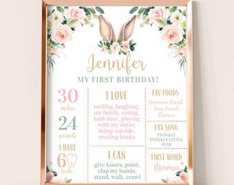 May include: A pink and green first birthday milestone poster with a bunny rabbit illustration. The poster features the name "Jennifer" and details about the child's first year, including their height, weight, favorite foods, and first word.