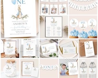 Rabbit 1st Birthday Party Bundle: Invitation, Banner (Digital Template)