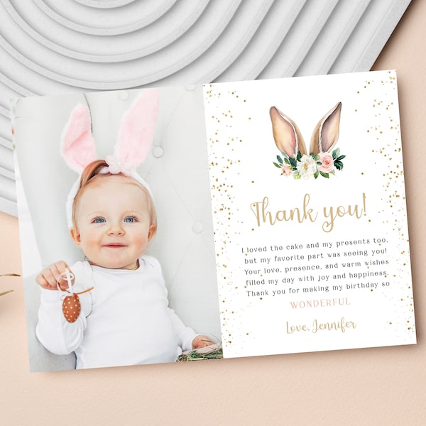 Bunny Thank You Card Template with photo, 1st Birthday Girl, Some Bunny is One Thank you Card Printable Digital Download D037