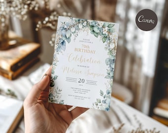 Eucalyptus 70th Birthday Invitation: Sage Green Floral Frame (Canva Template, Digital File)