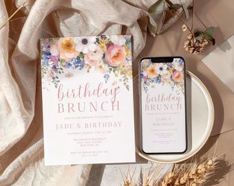 Floral Birthday Brunch Invitation: Editable Canva Template (Digital File)