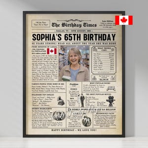 Peut inclure: Impression encadrée d'un journal "The Birthday Times" célébrant le 65e anniversaire de Sophia, daté du 24 août 1961. L'impression comprend une photo de Sophia, des faits historiques et un drapeau canadien.