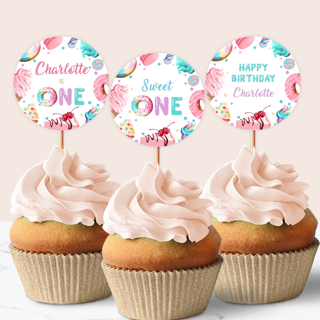 Sweet One Cupcake Toppers: Girl 1st Birthday Party Decorations (digital ...