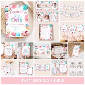 Sweet One Birthday Bundle, Sweet One Birthday Decorations, Donut 1st Birthday Invitation Girl Invitation Printable Digital Template D062