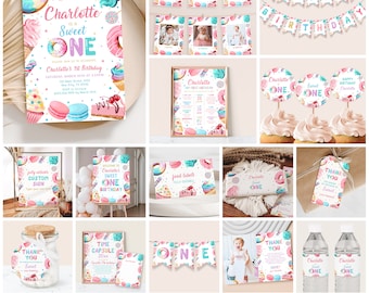 May include: A sweet one-themed birthday party printable bundle with a pink and blue color scheme. The bundle includes a variety of items, such as invitations, food labels, a welcome sign, a time capsule, thank you tags, water bottle labels, and cupcake toppers. The designs feature donuts, macarons, and other sweet treats.