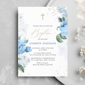 Baptism Invitation Template, Boy Baptism Invitation Download, Christening Invitation, Blue Baptism Invite Instant Download B004