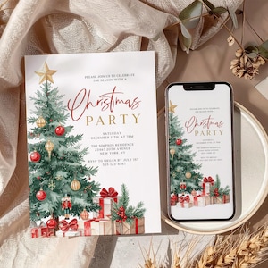 Peut inclure: Invitation de fête de Noël avec un sapin décoré, des cadeaux et l'inscription "Christmas Party" en rouge. Un smartphone affiche le même design. L'invitation est sur fond blanc.