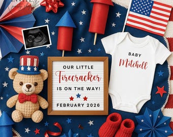 4th of July Baby Announcement: Patriotic Firecracker Pregnancy Reveal (Digital Template, Canva Edit