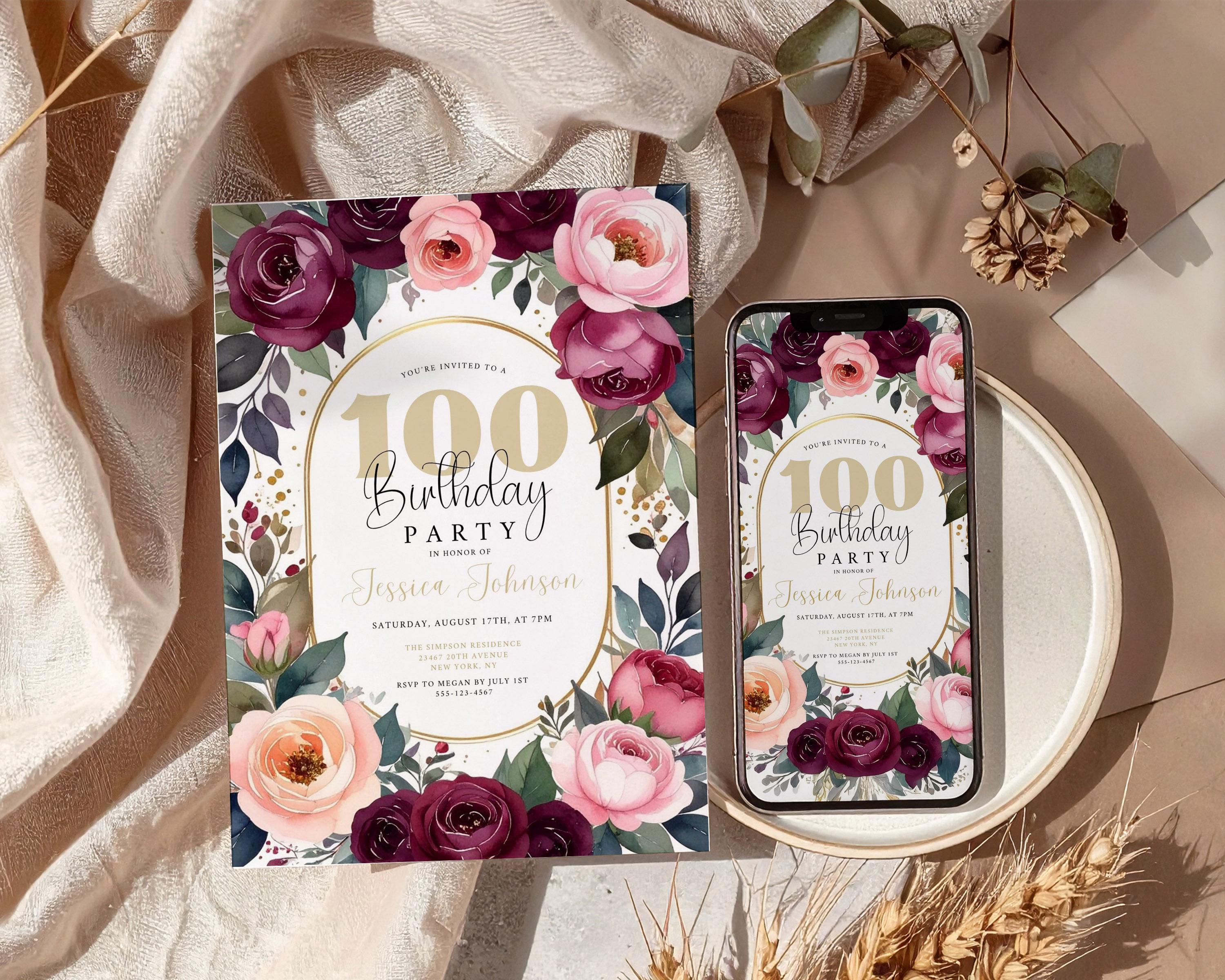 100th Birthday Invitation for Woman, Elegant Rose Peony Floral Design, Blush Pink & Burgundy Invite, Luxury Printable Party Canva Template