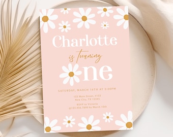 Daisy Birthday Invitation, First Birthday Girl Invitation, Retro Daisy Invitation, Boho Birthday Invite Template, Digital Download D070