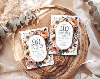 Floral 90th Birthday Invitation Template: Editable Canva Evite (Digital File)