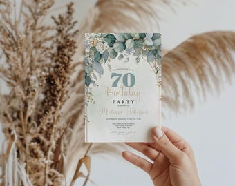 Sage Green Eucalyptus Birthday Invitation: Elegant Gold Frame (Editable Canva Template Digital Download)