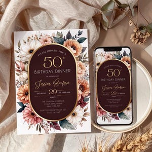 May include: A birthday dinner invitation and a smartphone displaying the same design. The invitation and phone screen feature a burgundy oval with gold trim, floral accents, and the text "50 Birthday Dinner" and "Jessica Simpson."