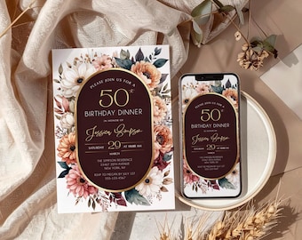 Autumn Floral Dinner Party Invitation, Rustic Pressed Flowers (Canva Template)
