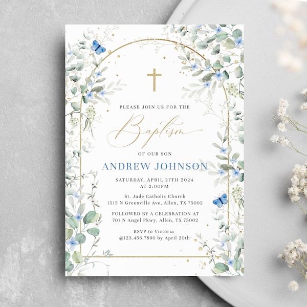 Plantilla de invitación para bautizo con diseño de mariposa azul (descarga digital)