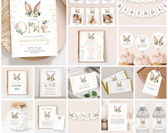 May include: A printable bunny-themed first birthday party bundle with gold glitter accents. The bundle includes invitations, food labels, a welcome sign, a thank you sign, a time capsule, a banner, cupcake toppers, and water bottle labels. The text on the invitation reads "Some Bunny is turning One. Please join us to celebrate Jennifer's 1st birthday. Saturday, April 8th at 3:00 PM. 123 Main Street, 45678. RSVP to Victoria at 555-1212 by April 1st."
