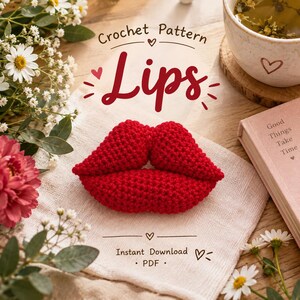 Może przedstawiać: Jaskrawoczerwony szydełkowany kształt ust spoczywający na jasnej tkaninie. Tekst głosi Crochet Pattern Lips, Instant Download oraz PDF. Scena zawiera białe kwiaty, ceramiczny kubek z sercem oraz książkę zatytułowaną Good Things Take Time.