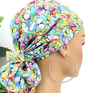 Small, Summer Butterflies, Satin Lined Ponytail Scrub Cap, Protect Hair w/Satin Lined Scrub Cap. Buttons & Size Options, Nurse/Surgical Cap