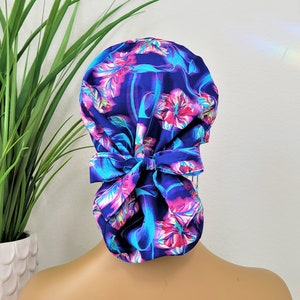 Protect Hair w/Satin Lined Ponytail Scrub Cap, Buttons Option, Size See Description, Nurse/Surgical Cap, Medical Satin Lined Scrub Hat