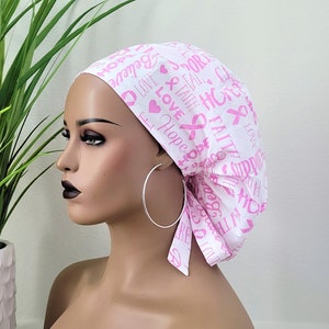 Cancer Awareness Satin Lined Scrub Hat, Protect Hair w/Satin Lined Ponytail Scrub Cap, Size See Description, Nurse/Surgical/Doctor Hat