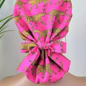Small Leopard Print Satin Lined Scrub Hat, Protect Hair w/Satin Lined Ponytail Scrub Cap,Buttons Option,Nurse/Surgical/Doctor Hat, Scrub Cap