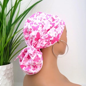 Small Pink Butterfly Satin Lined Ponytail Scrub Hat, Protect Hair w/Satin Lined Scrub Cap. Buttons & Size Options, Nurse/Surgical/Dr Cap