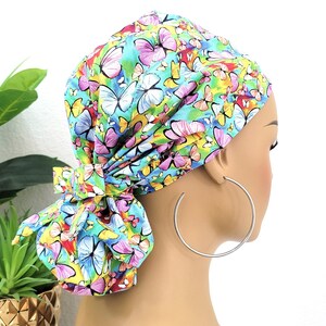 Pastel Butterflies, Satin Lined Ponytail Scrub Cap, Protect Hair w/Satin Lined Scrub Cap. Buttons & Size Options, Nurse/Surgical Cap