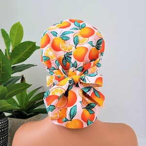 Oranges Satin Lined Scrub Hat, Protect Hair w/Satin Lined Ponytail Scrub Cap, Buttons Option, Size Option See Description, Surgical Hat