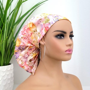 Small Floral Bouquet Satin Lined Ponytail Scrub Hat, Protect Hair w/Satin Lined Scrub Cap. Buttons & Size Options, Nurse/Surgical/Doctor Cap