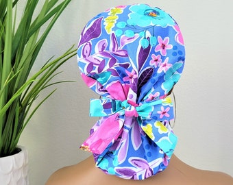Protect Hair w/Satin Lined Ponytail Scrub Cap, Buttons Option, Size Option See Description, Nurse/Surgical/Doctor Cap, Satin Lined Scrub Hat