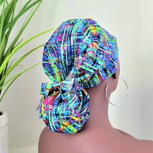 Satin Lined Scrub Hat, Protect Hair w/Satin Lined Ponytail Scrub Cap, Buttons Option, Size See Description, Nurse/Surgical/Doctor Cap