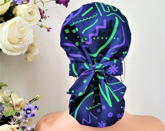 Protect Hair w/Satin Lined Ponytail Scrub Cap, Buttons Option, Size Option See Description, Nurse/Surgical/Doctor Cap, Satin Lined Scrub Hat